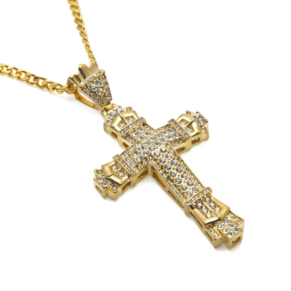 Hip Hop High Quality Diamond Encrusted Vintage Cross Pendant Necklace Cuban Link Chain Fine Fashion Jewelry Necklaces
