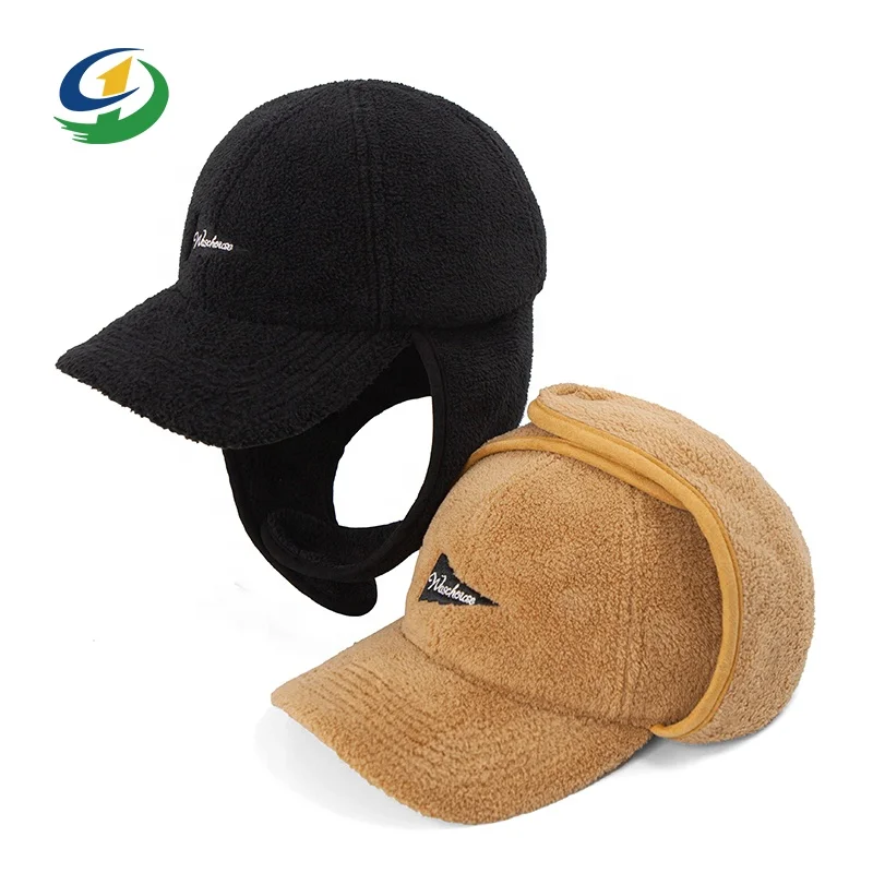 custom 6 Panel Ear Flap Earmuff Warm Winter Baseball Cap Fleece Trapper Hat lamb unstructured dad Aviator hats