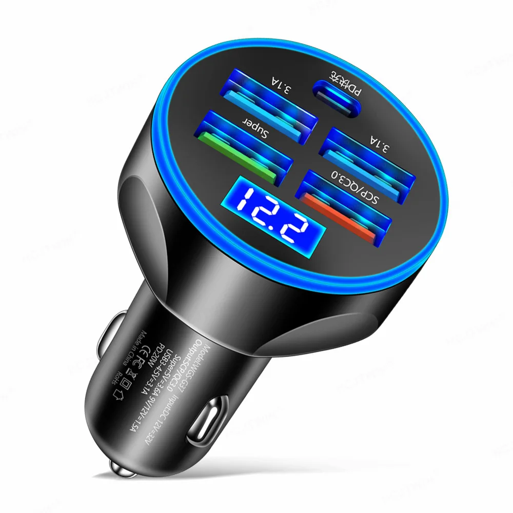 2023 New Arrivals Car charger with LED digital display 33W 5 in1 Quick Adapter 4 USB Port Type C PD Car charging station charger