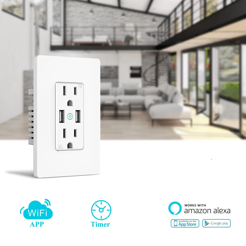ETL Certificated Tuya Wifi Smart Outlet Socket Smart Wifi USB Wall Socket Works With Alexa Google Home and IFTTT