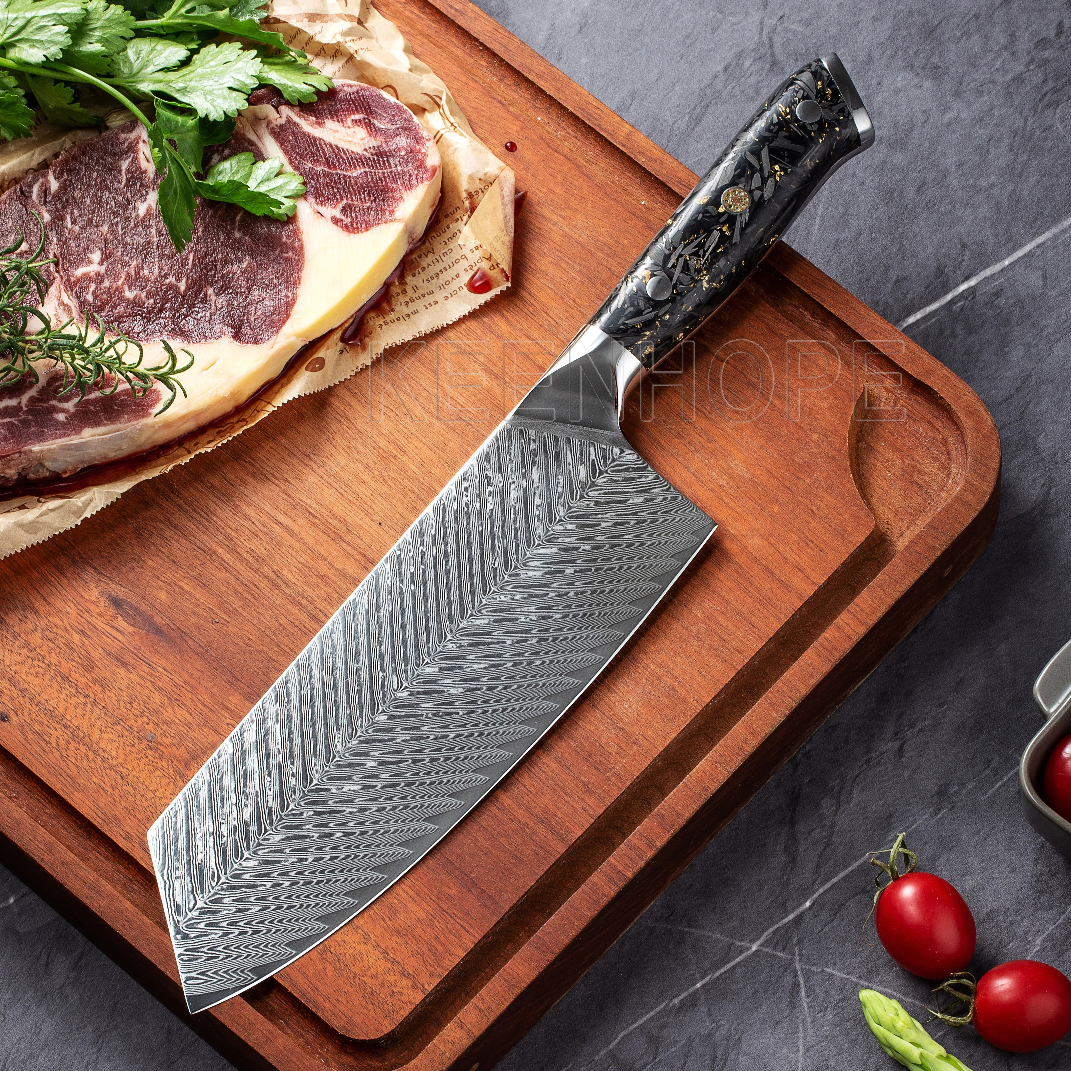 7.5 inch Cleaver Knife with SS316 Bolster Composited Resin + Carbon Fiber Handle 67 Layers Damascus VG10 Knife