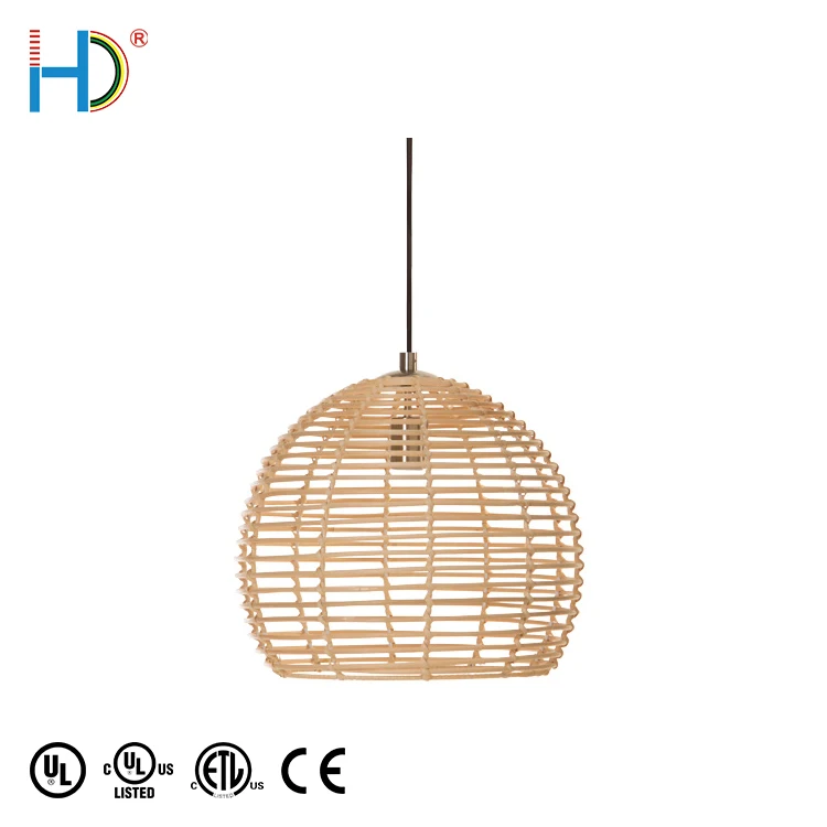 UL listed Modern Sphere Cage fancy Natural Woven Rattan Shade hanging Pendant Light