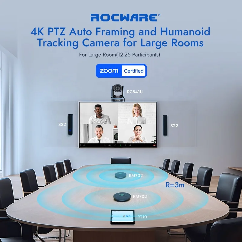 Rocware 4K 12X optical zoom Video conference PTZ Camera with AI Auto Tracking for video conference meeting and live streaming
