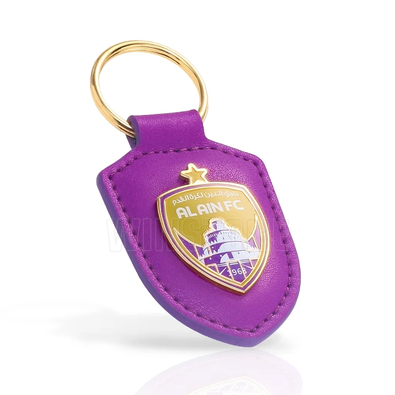 Custom Padded Shield Genuine Leather Key Fobs with Hard Enamel Metal Tags for Football Team Club