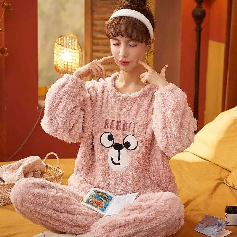 Supplier Winter Pajamas Women Set Classic Flannel Warm Home Clothes Simple Style Pullover Round Neck Pajamas
