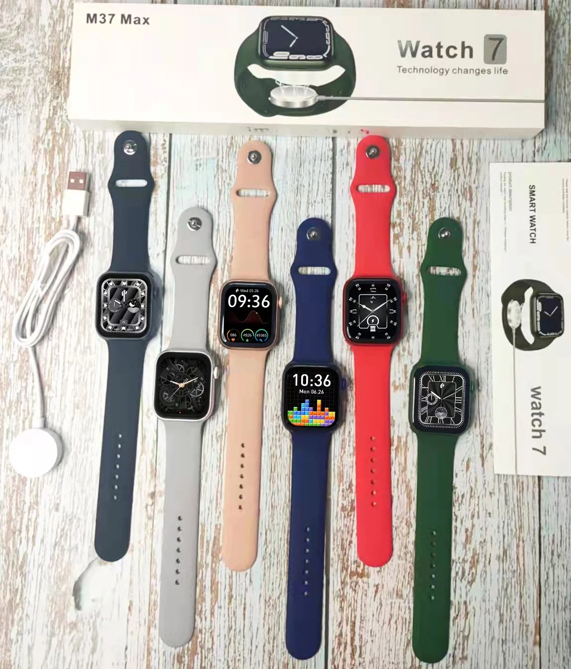 M37 max smart watch new iwatch 7 series 280 mAh IP67 1.82 INCH Wireless charging SIRI games smart watch M37 max M36plus M26 HW22