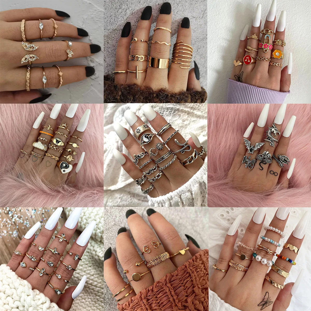 Wholesale 18K Italian gold Jewelry  adjustable butterfly diamond Simple Retro stacking ring sets for Women