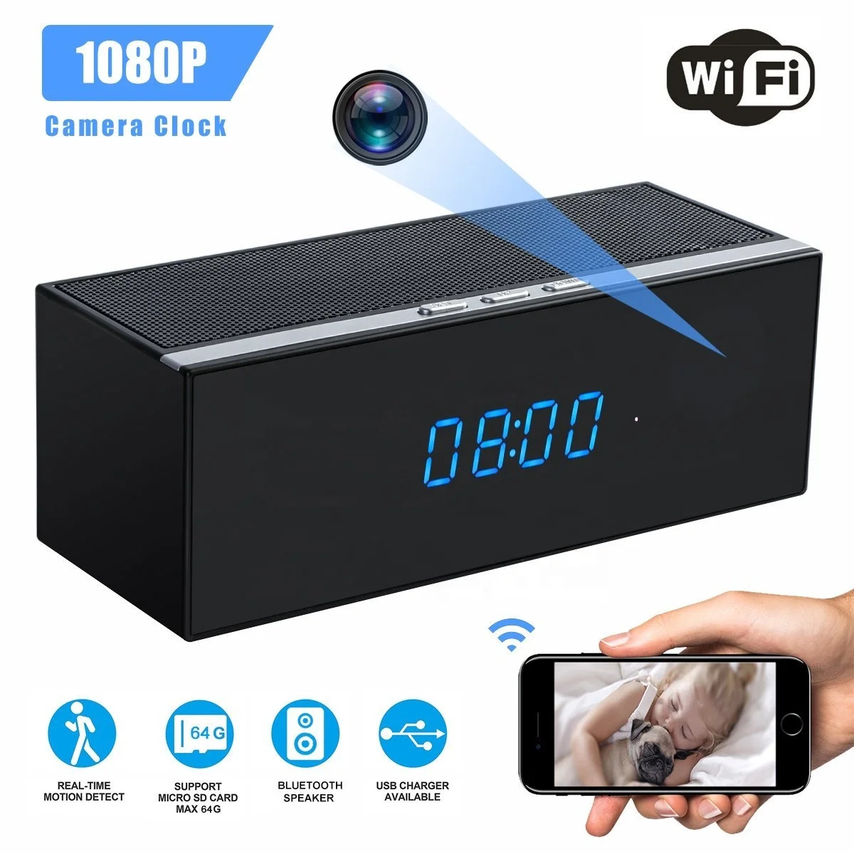 New WiFi Table Clock Speaker Camera Hidden 1080P HD IP P2P DVR Camcorder Alarm Night Vision Motion Sensor Remote Video Review