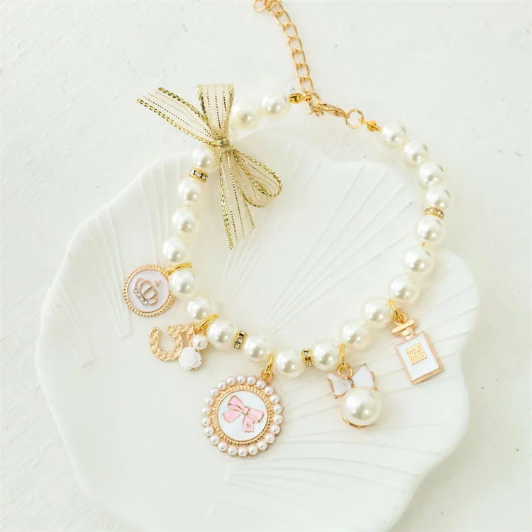 Wholesale Luxury designer cat dog pearl necklace adjustable pet collar jewelry dog accessories