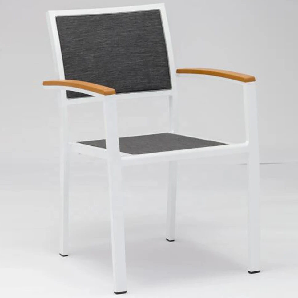 Wood Armrest Teslin Fabric Patio White Outdoor Aluminium Stacking Bistro Chairs