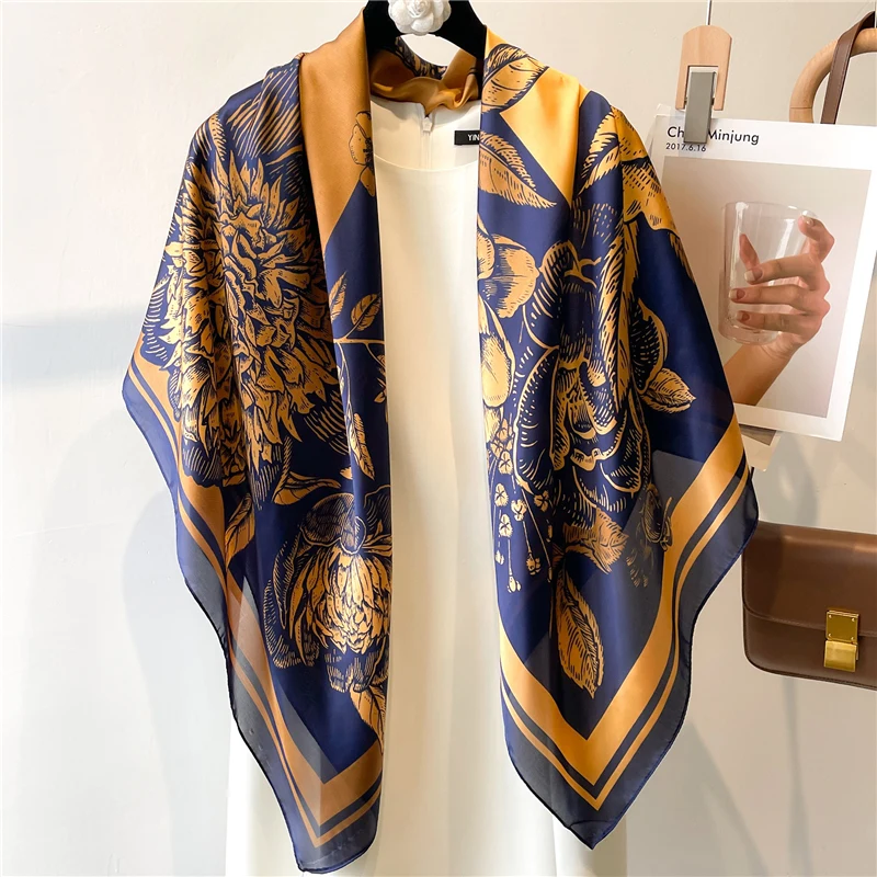 Customized Large Square Satin Scarf For Women Silk Feeling Scarves Beach Shawls Muslim Hijab Wraps Stoles Female Foulard