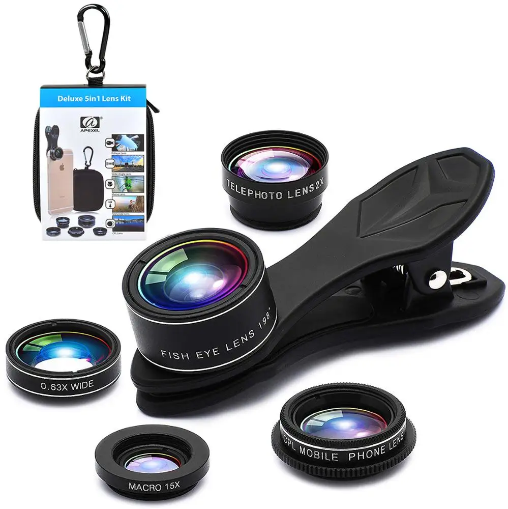 Apexel best selling mobile phone 5 in 1 lens kit with clip holder phone accessories for mobile smartphone