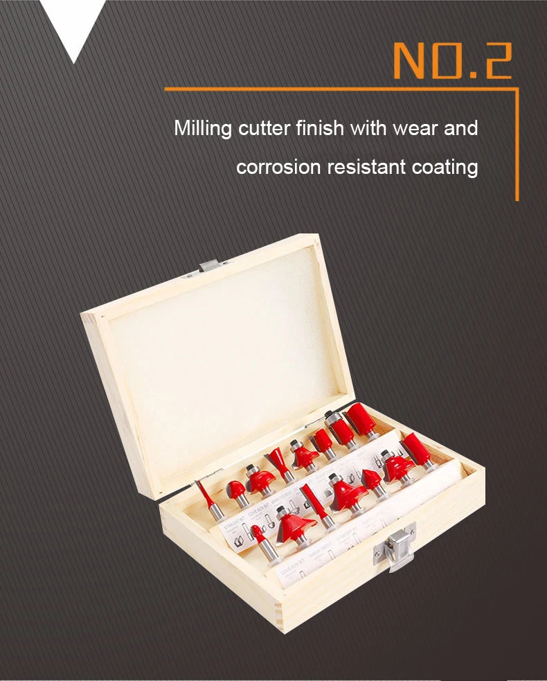15pcs Woodworking 8mm Shank Router Bits Sets Cove Box Dovetail Chamfer Round Corner Straight Flute V Grooving Milling Cutter
