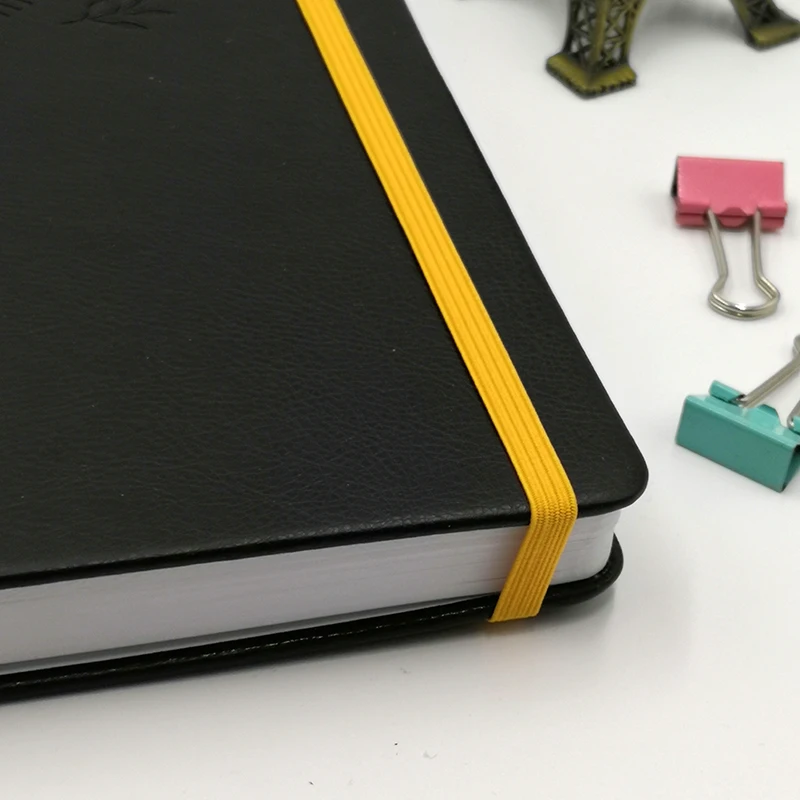 Round Corners Gold Elastic Closure Strap Logo Debossed Hardcover PU Vegan Leather Custom Agenda A5 Notebook Journal Printing