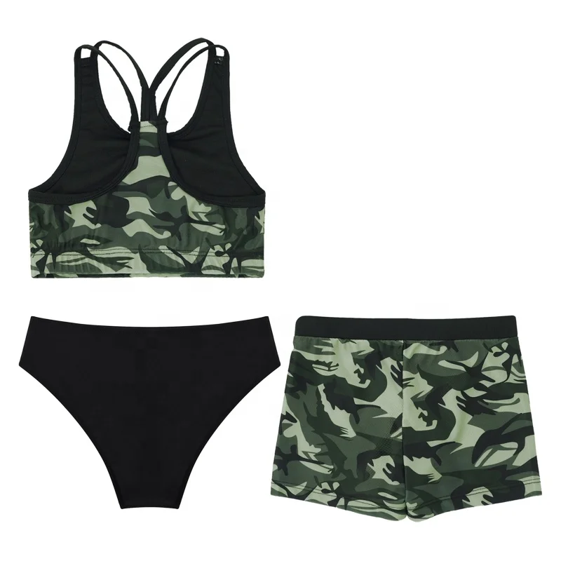 Kids Girls Sleeveless Strappy Back Crop Top Elastic Waistband Shorts Top Briefs Beach Pool Swimming Bathing 3Pcs Swimsuit Set