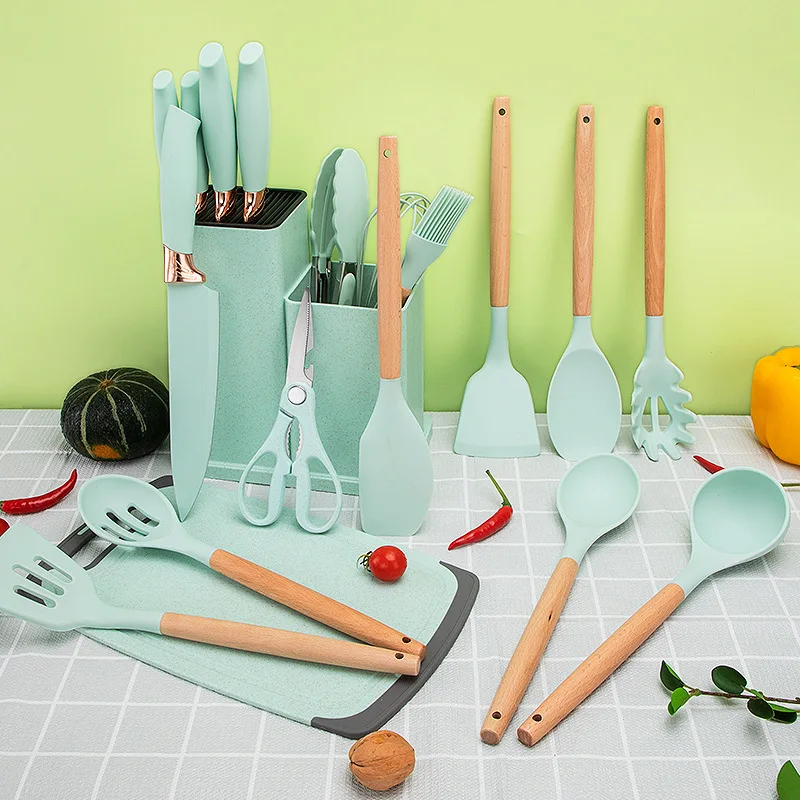 19 PCS Heat Resistant BPA Free Colorful Silicone Kitchen Cooking Utensil Set Wooden Handles Kitchen Tools Spatula Set