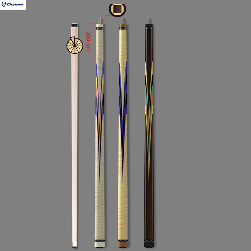 12mm curly maple wood /red sander wood with laminated  shaft with a square core butt with custom ring inlay carom cue