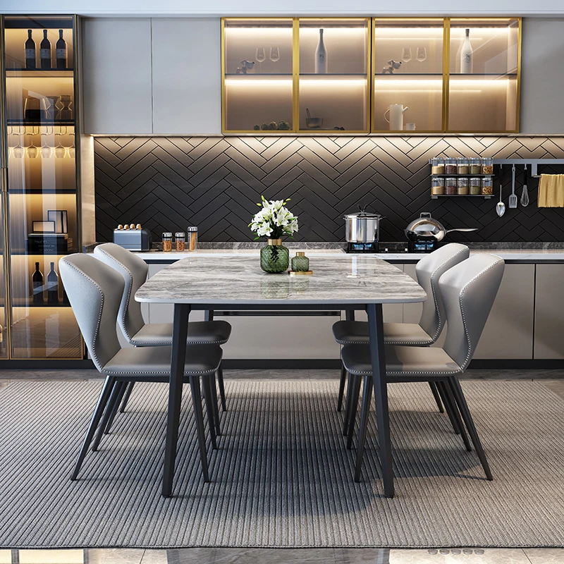 HANYEE Nordic Luxury Modern Home Restaurant Dining Room Furniture Set 4 6 Seater Marble Sintered Stone Top and Metal Leg Base