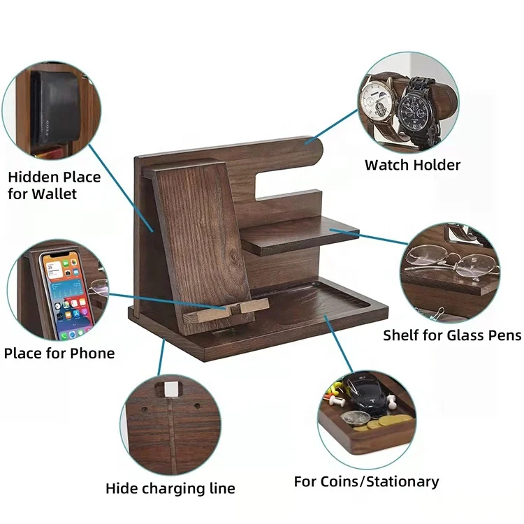 K&B Key Holder Wallet Watch Stand Wood Phone Docking Station Nightstand Shelf Night Stand Organizer For Men Gift