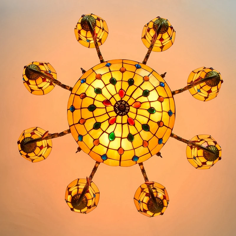 Tiffany oversized round Chandlier Vintage Handmade Stained Glass Ceiling Lighting Fixture for Bedroom Living Room chandelier