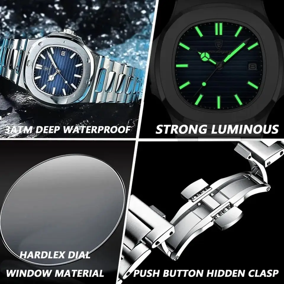 2024 New POEDAGAR Luxury Watch Business Waterproof Male Clock Luminous Date Stainless Steel Square Quartz Watch For Men Hombre