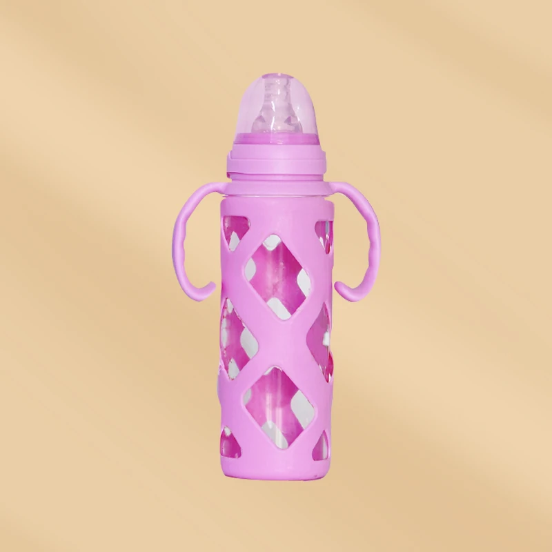 Custom 240Ml Baby Feeding Glass Milk Bottle With Silicone Protective Cover Glass Baby Bottle