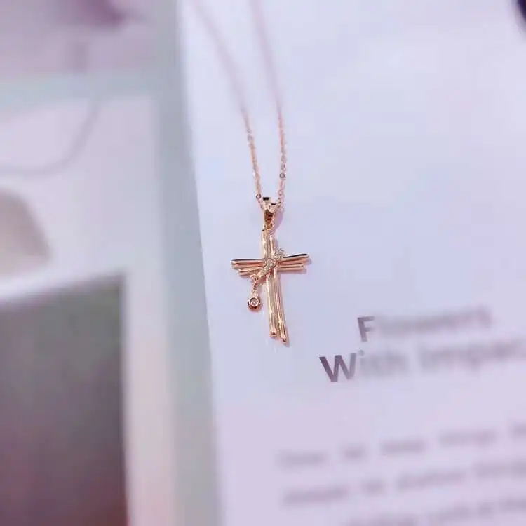 Wholesale delicate design double cross 18K Solid Gold diamond  Pendant Fashion Necklace for women