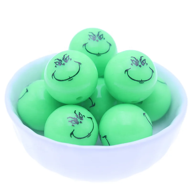 2021 New 20MM Round Chunky Beads Two Sides Print Gumball Green Acrylic Beads Grinch Face Hand For Christmas