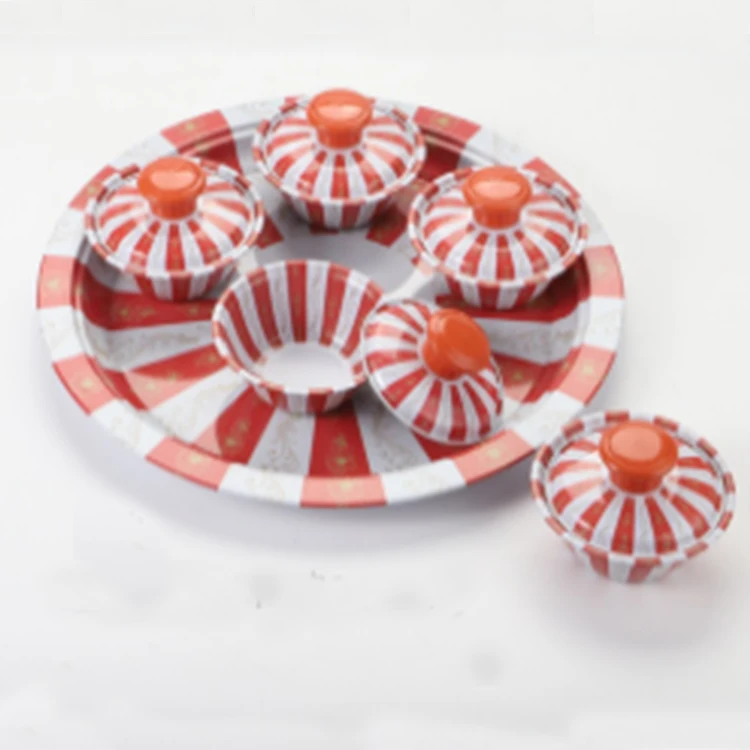 
Indian design multi colored stainless steel round shaped Serving Dish set with cups and stainless lid 