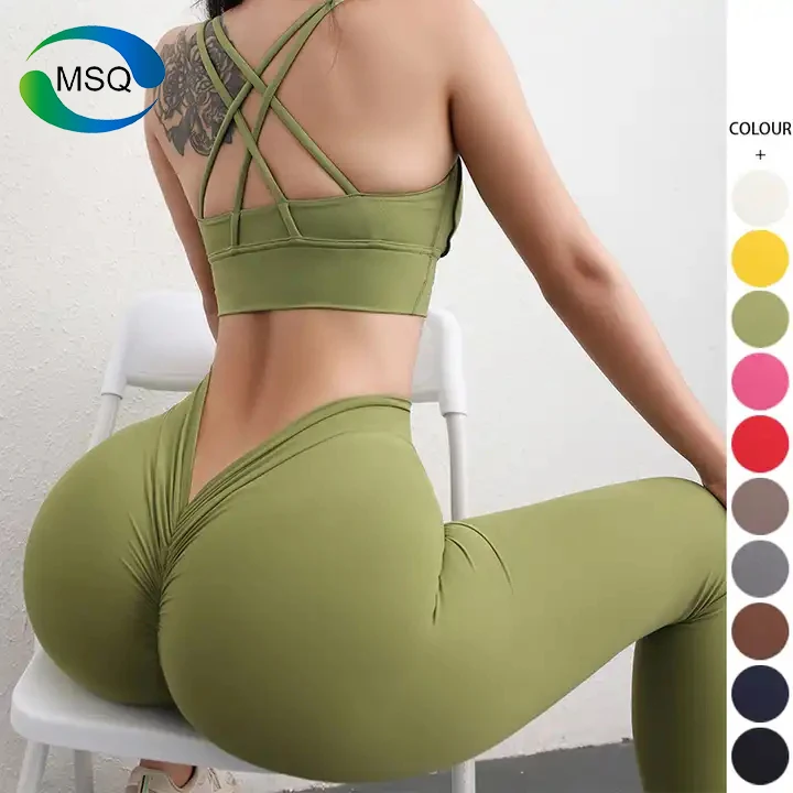 Custom Logo Running Workout Gym Crossover waist Yoga Pants Butt Lifting Sport Seamless Women 3 pcs Yoga Set