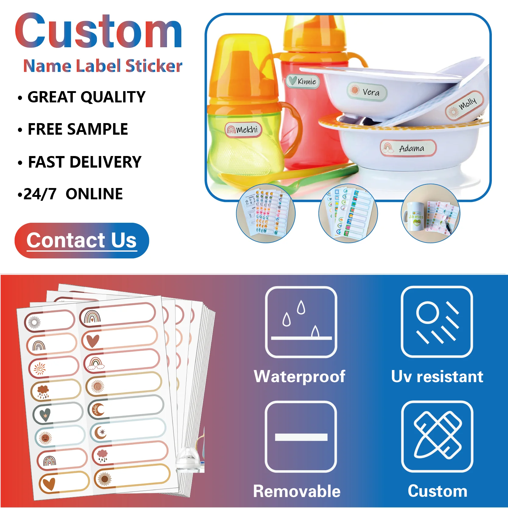 High Quality Baby Bottle Label for daycare kids Name Stickers for School Supplies Waterproof Sippy Cup Lunch Box Pacifier