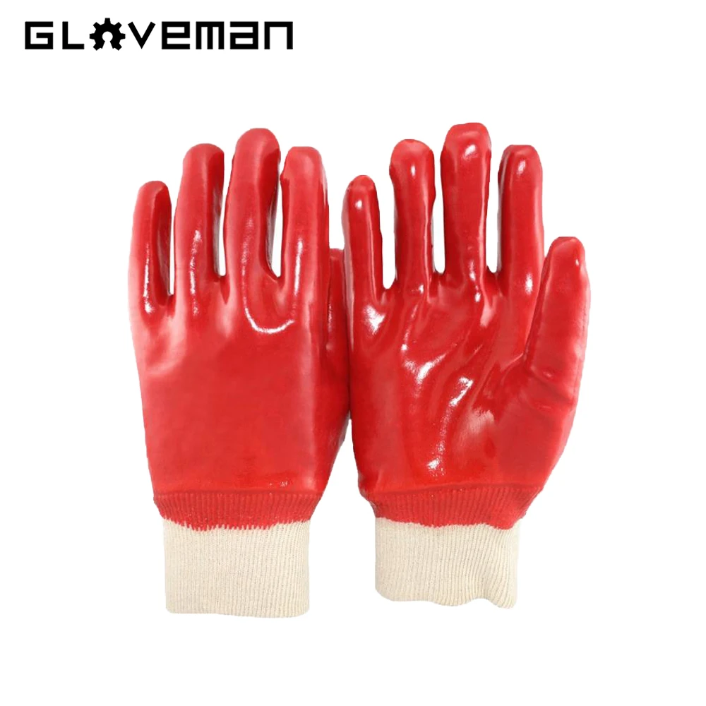 GLOVEMAN red PVC smooth coated glove waterproof oil acid alkali chemical resistant industrial safety work knitted cotton gloves