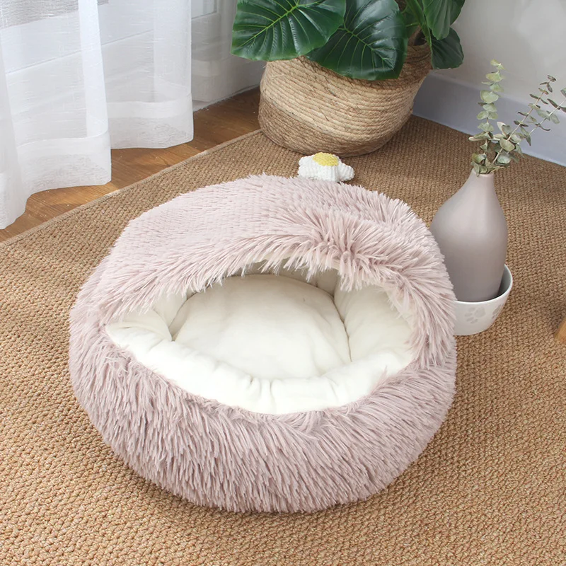 Semi-closed Long Plush Soft Pet Cat Dog Sleeping House Bed Mint Green Round Shape 60*15 cm Cat Plush Bed PB2021070905