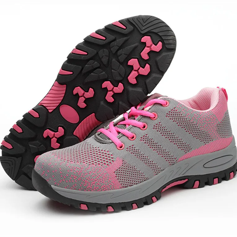 
new style fashion fly knitting pink mesh cloth Anti-smashing and anti-stabbing women safety work shoes 