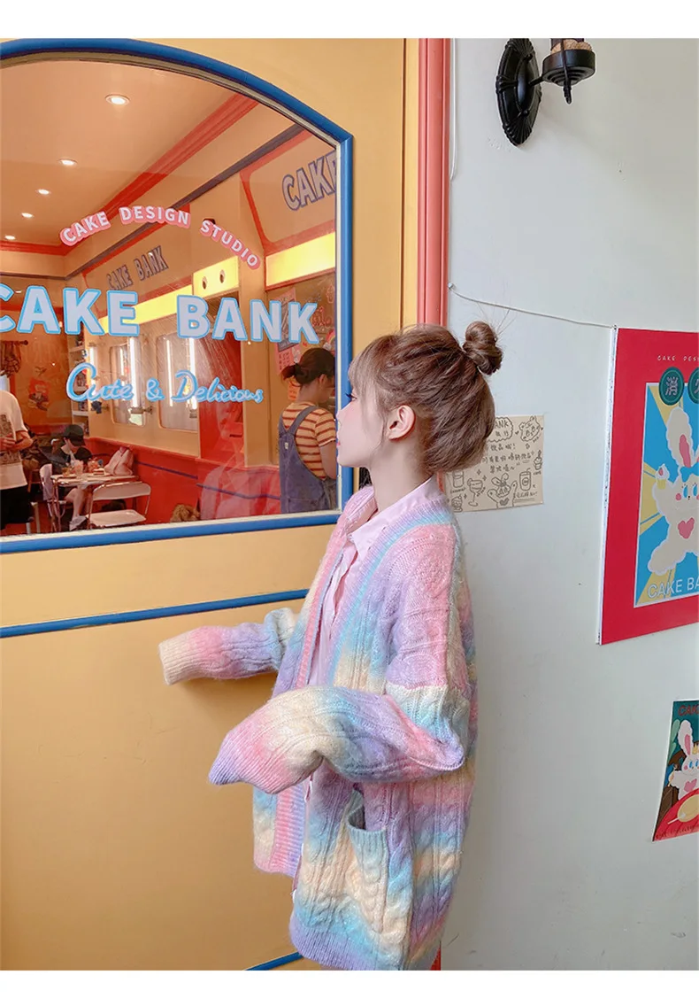 Female Long Tie dye Cardigan Women Sweet Kawaii Sweater Coat Faux Fur Rabbit Rainbow Knitted Cardigan