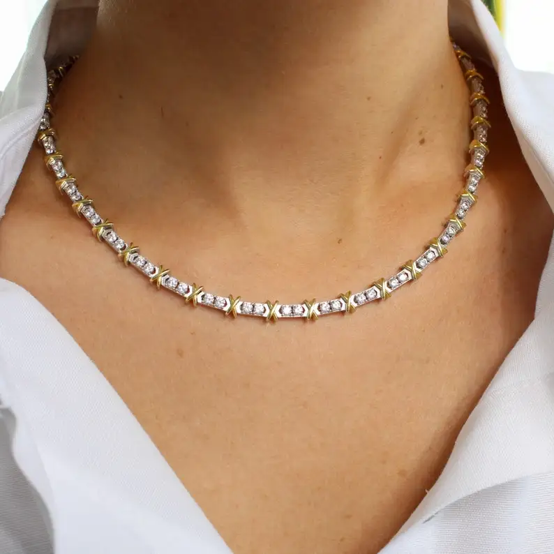 2023 NEW Luxury Women Jewelry Two Tone Gold Plated Cross CZ Tennis Chain Iced Out Necklace