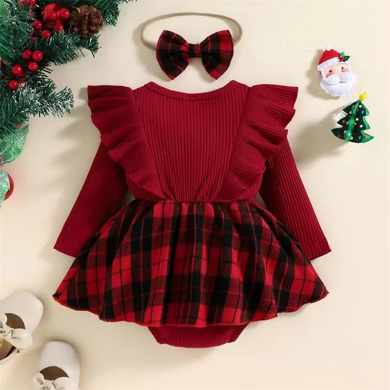 Green Horizon Christmas Baby Girl Red Knit Sweet Romper Plaid Skirt + Headband Sets For Babies