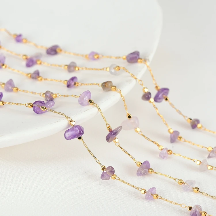 Wholesale 14K Gold Plated Brass Chain With Natural Stone Rosary Bead Chain