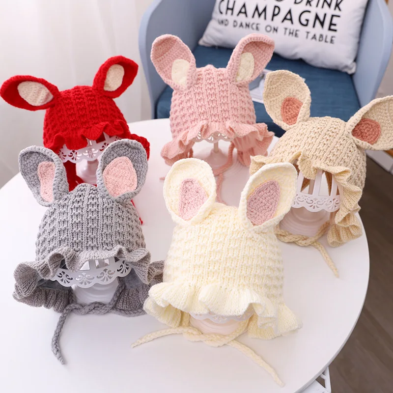 Hot Sale Cute Winter Warm Rabbit ear with Ruffle shape Knitted hat