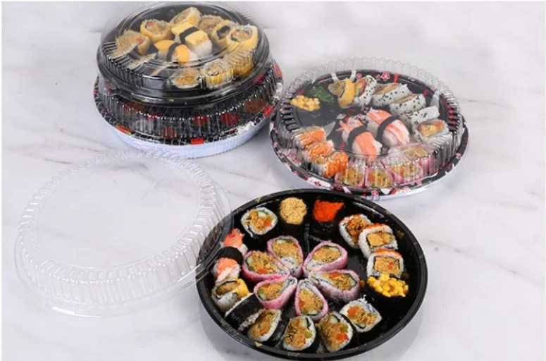 Free sample  28cm Plastic  disposable Takeaway Round Custom Japanese Recyclable Sushi packaging Box with lid