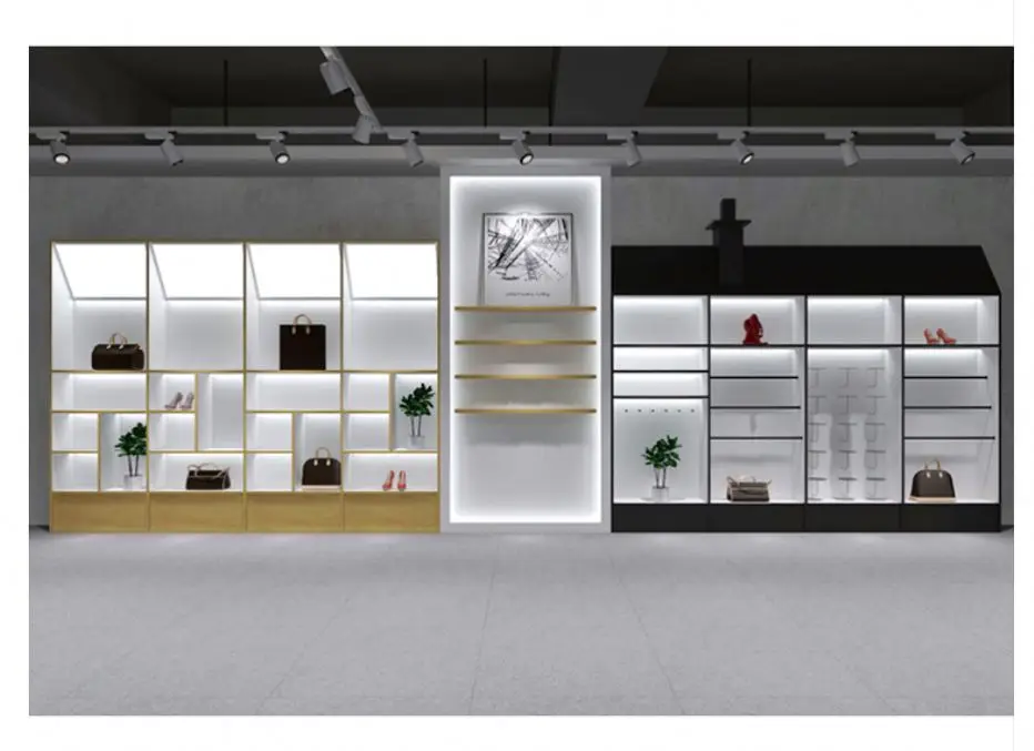 Магазин сумок Профессиональный розничный дизайн интерьера магазина обувного магазина дисплей Бесплатный коммерческий розничный дизайн обувного магазина