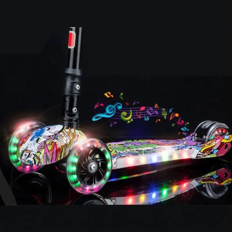 Istaride Pu Flashing Wheel Scooter With Musical Light Three Wheel Scooter With Pedal  Kids Scooter Foldable