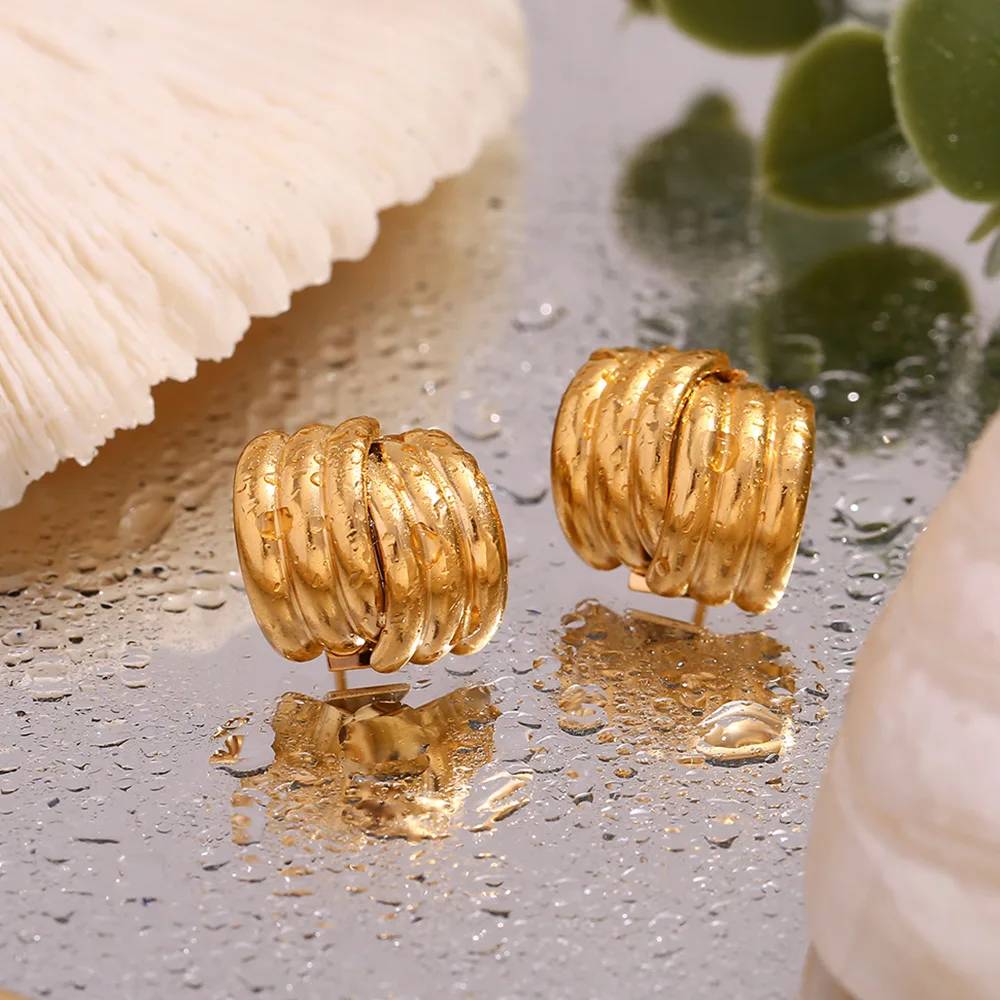 Stylish Three-layer Striped Stainless Steel PVD Gold Plated Cross Drop Earrings Prevent Allergy Women Unusual Jewelry Gift