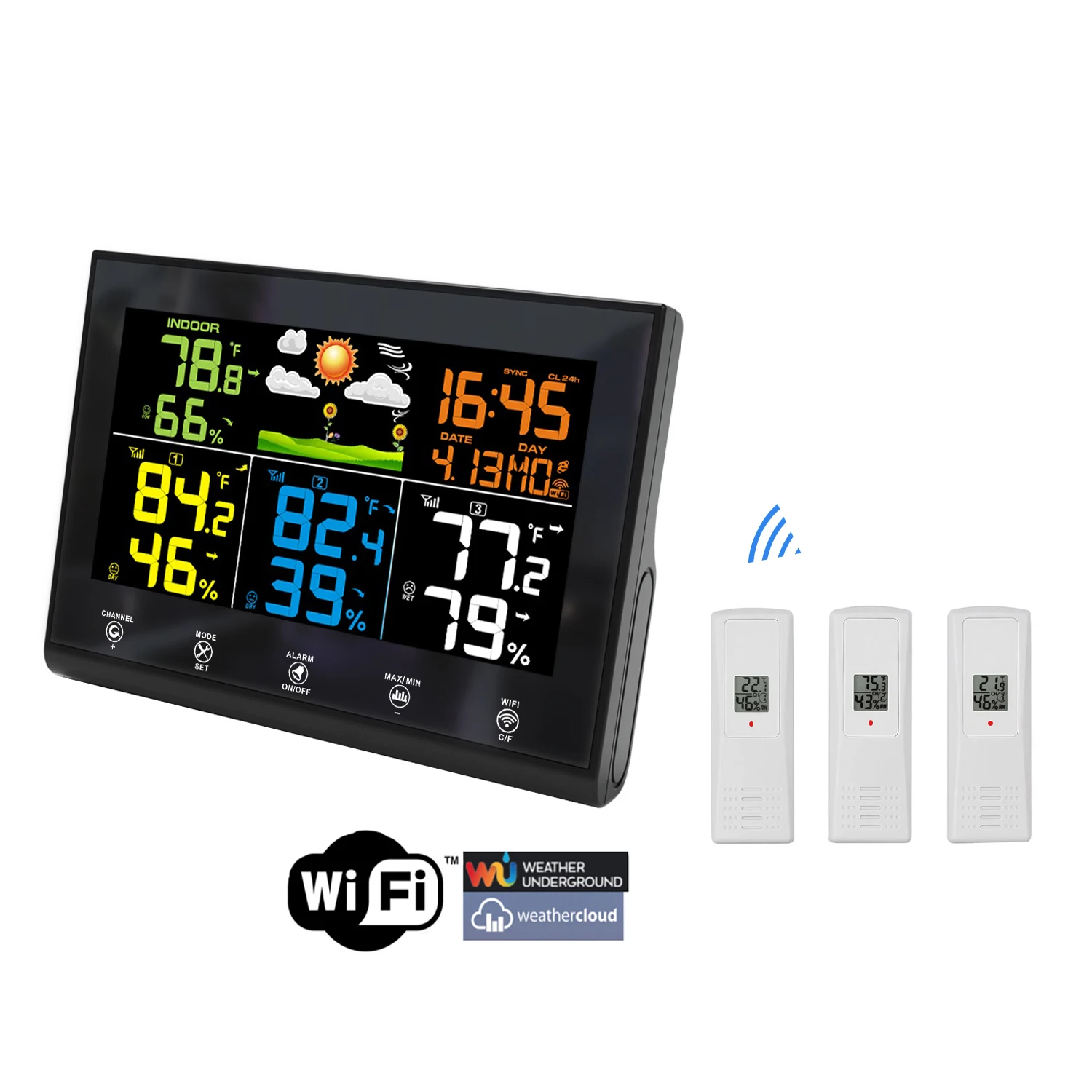 OEM/ODM Factory Color Display Internet Wireless Home Weather Station WiFi Connected  with Three Remote Thermo-hygro Sensors
