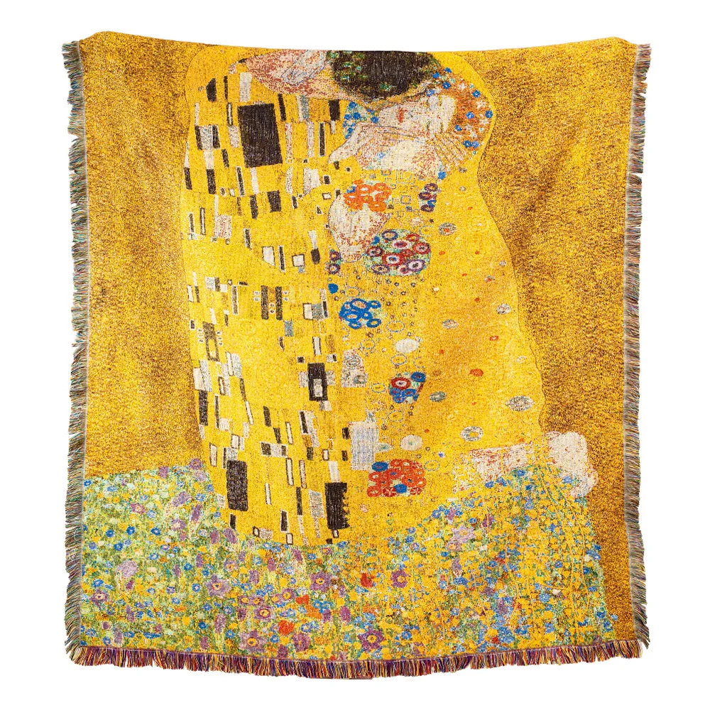 Оптовая продажа известных картин Qustav Klimt Der Kuss Kiss жаккардовые тканые одеяла с кисточками гобелен искусство домашнего декора