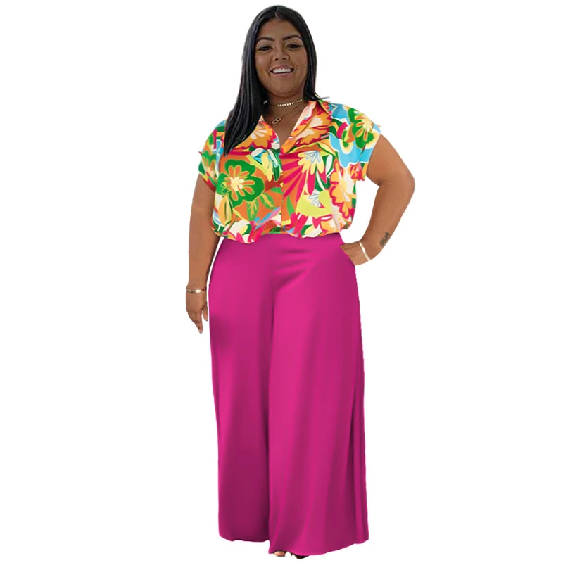 Wholesale Women Plus Size Summer 2 Piece Short Sleeve Shirt Blouse and Pants Set Outfit Clothes Clothing for Women Plus Size