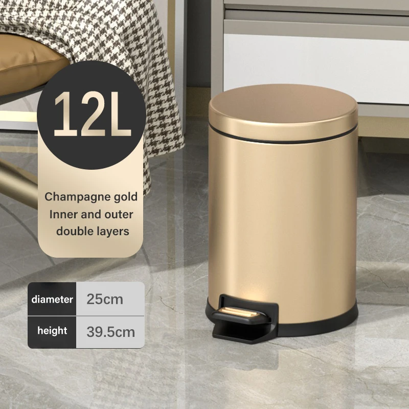 Hot selling silent closed lid circular household metal trash can home decoration kick kick trash can