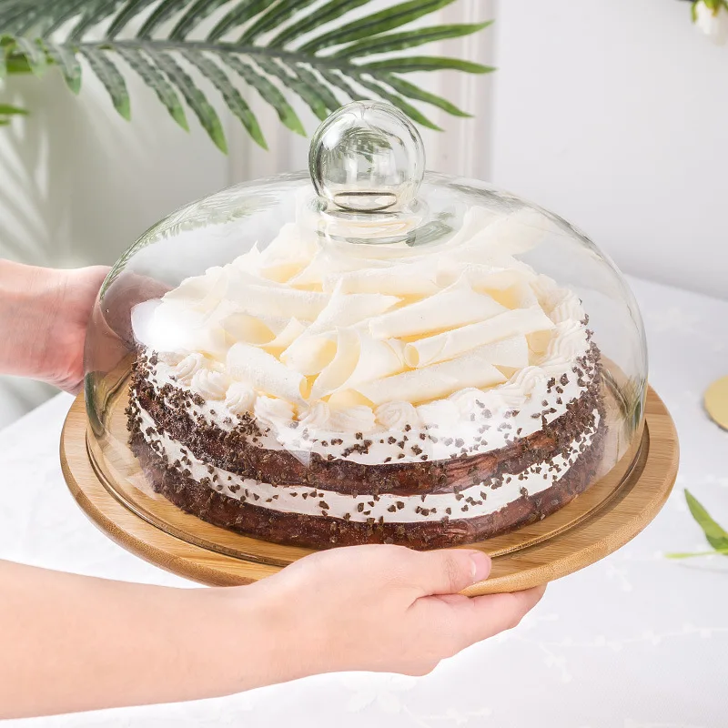100% Natural Eco Friendly Decorating Serving Platter Cheese Board Bamboo Cake Stand with Glass Dome