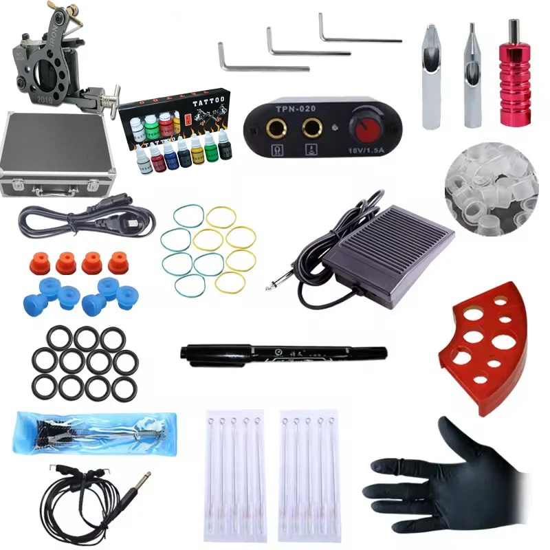 Tattoo Student  kits  With 1Coil Tattoo Guns 1mini Power Supply  7 ink  colors Complete Tattoo Set