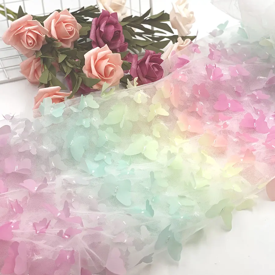 2021 Custom design dress material 100%polyester gradient row applique tulle sheer 3D multicolor butterfly mesh embroidery fabric